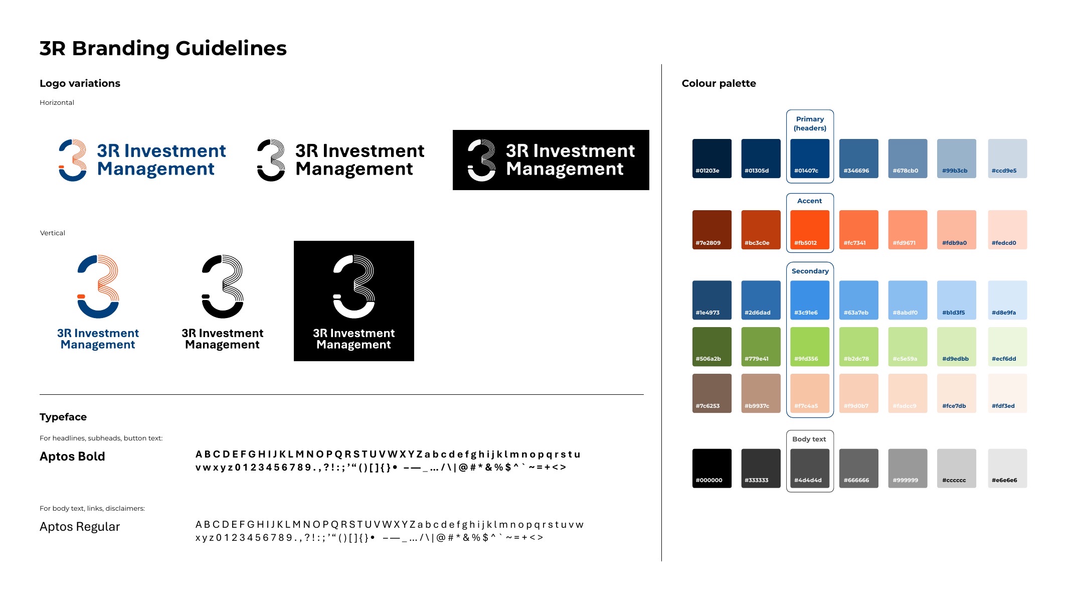 3R branding guidelines page with logo variations, typeface and a seven-step colour palette