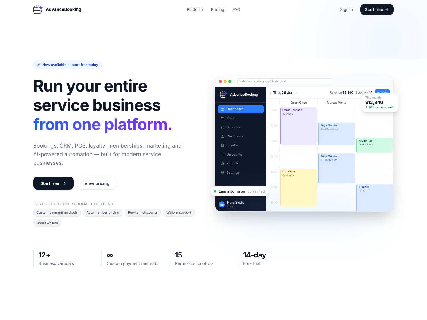 AdvanceBooking landing page, run your entire service business from one platform