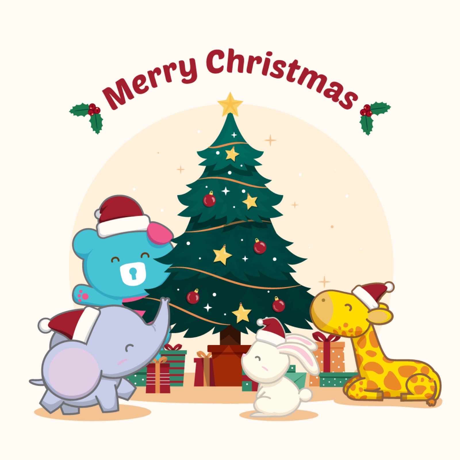 BabySafe Christmas illustration with the bear, elephant, rabbit and giraffe around a tree