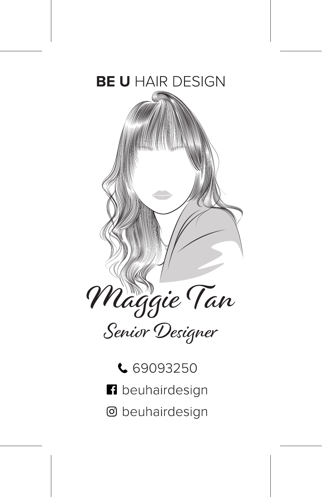 Be U hair design namecard with a line-drawn portrait of the stylist