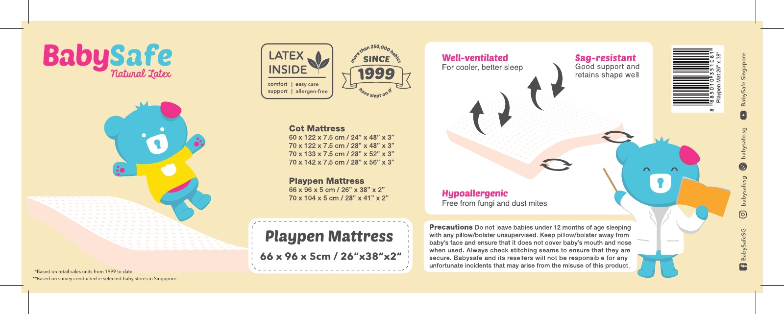 Packaging band for the playpen mattress with dimensions and feature callouts