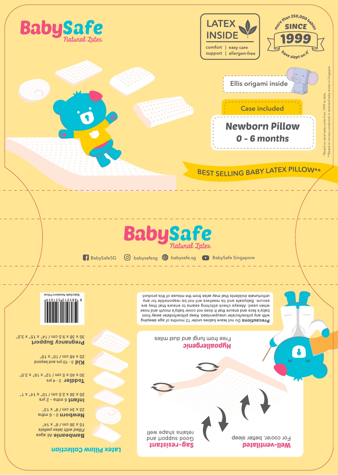 Packaging artwork for the BabySafe newborn pillow with the bear character