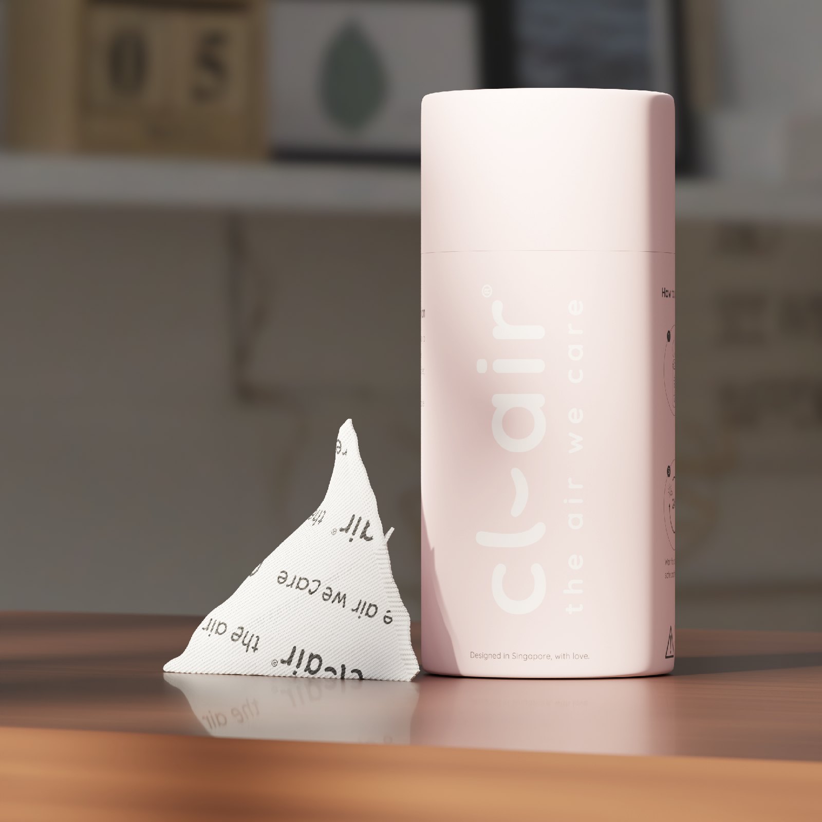 Pink cl-air tube on a wooden shelf in a flat with a pouch beside it, 3D render