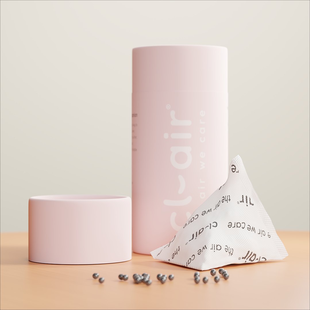 Opened cl-air tube with the lid off, a pouch and loose pellets, 3D render