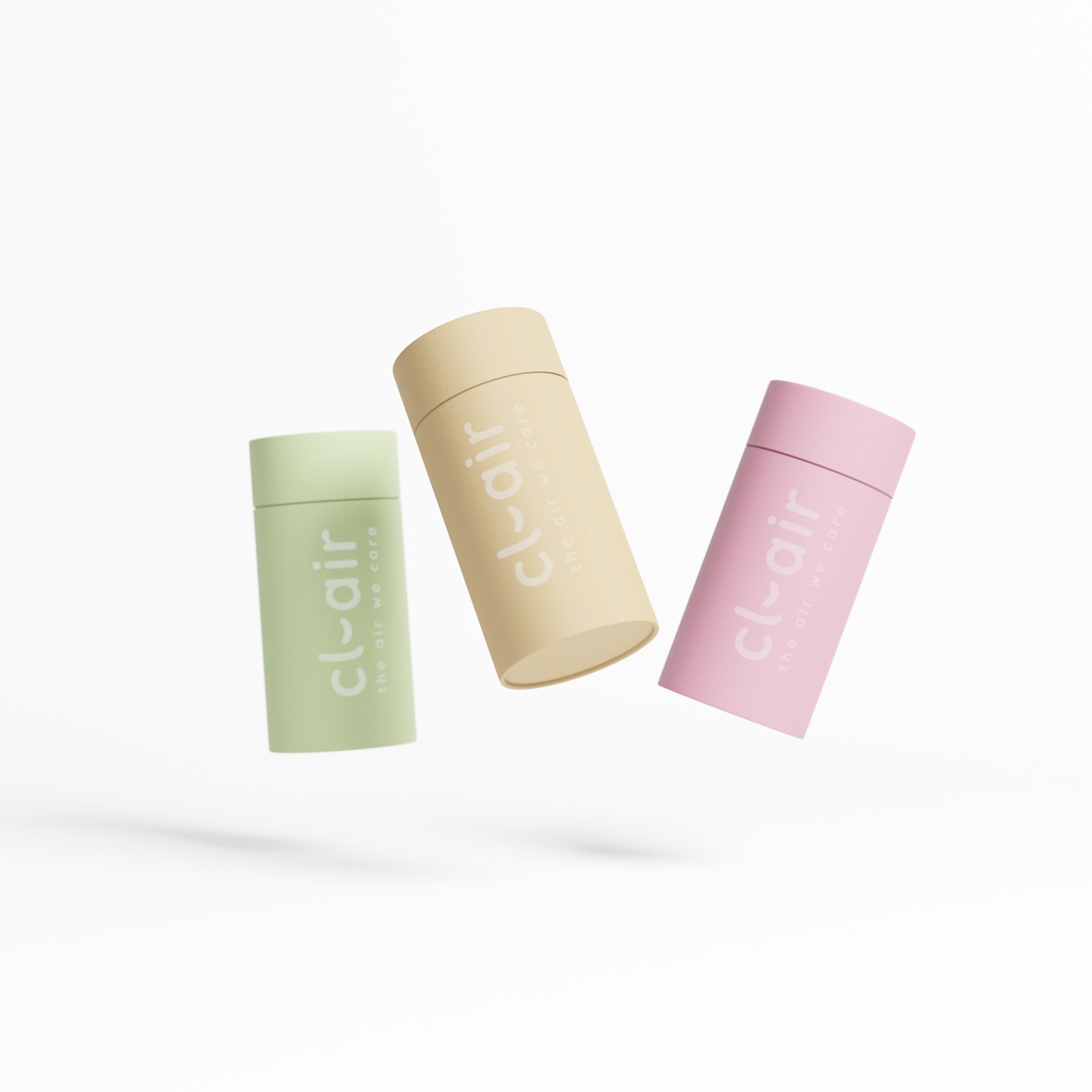 Three cl-air tubes in green, sand and pink floating on white, 3D render