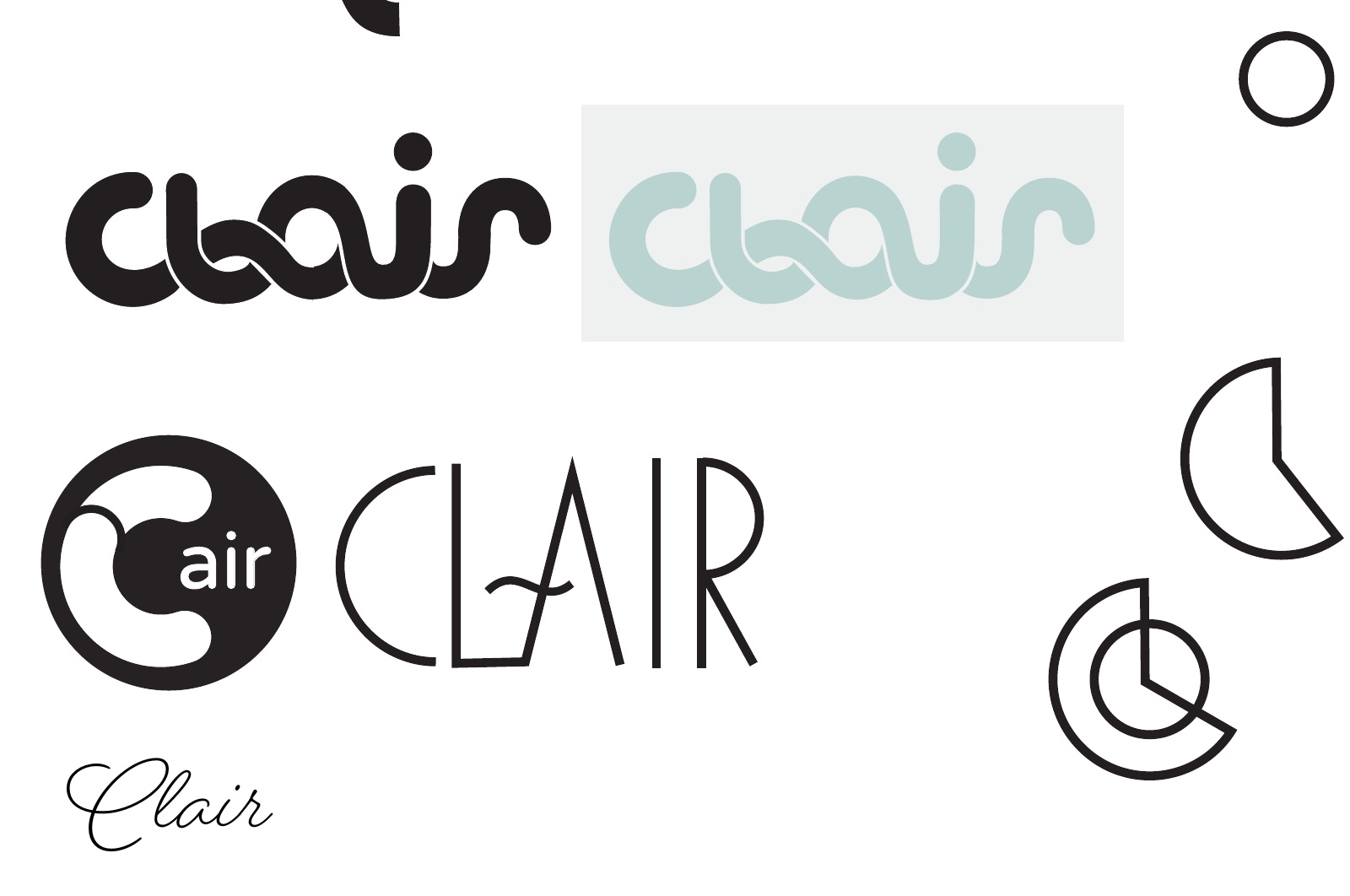 Logo exploration for cl-air: rounded lowercase, a c-shaped mark, a condensed capital version and a script
