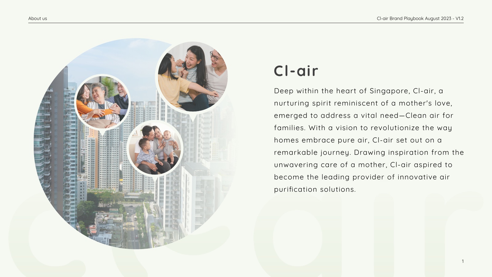 Playbook page: about cl-air, with family photographs and the brand story