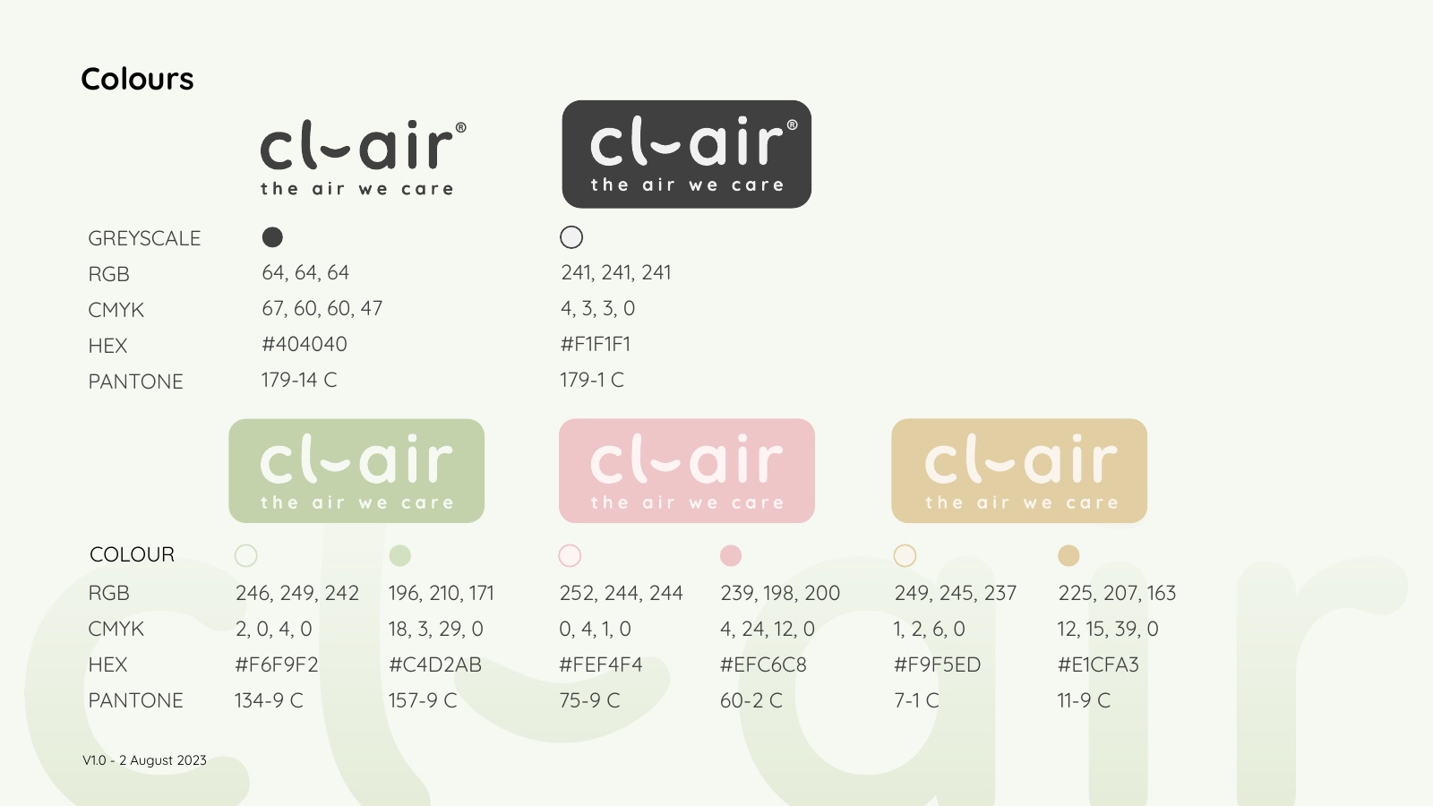 Playbook colour page: greyscale pair and four brand colours with RGB, CMYK, HEX and Pantone values
