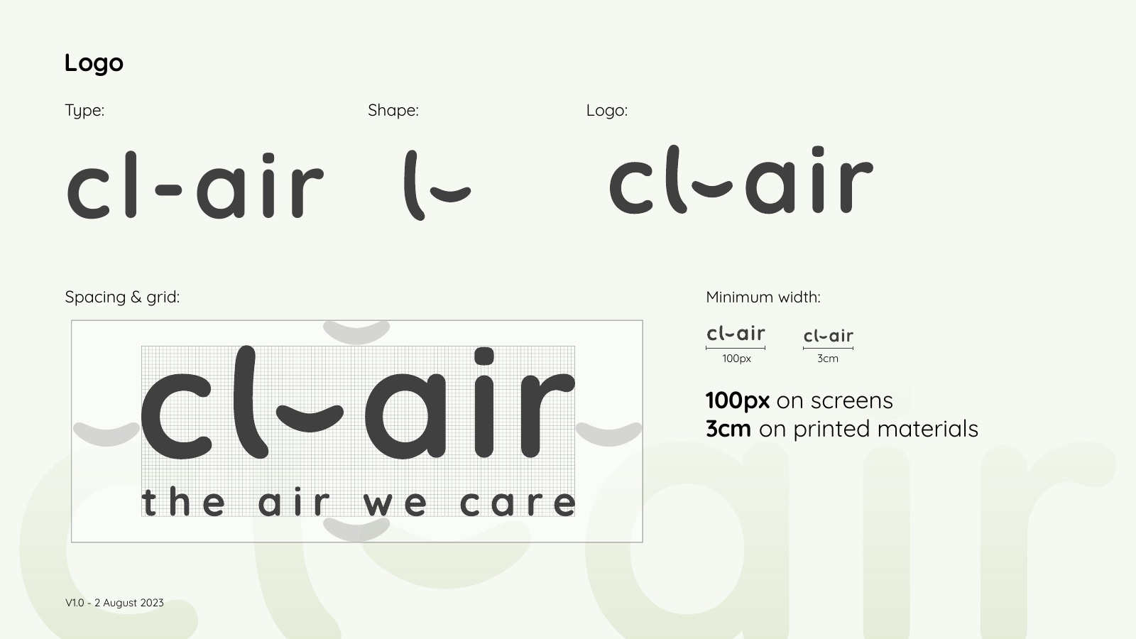 Playbook logo page: type, the c-l shape that forms the mark, spacing grid, and minimum widths of 100 px and 3 cm