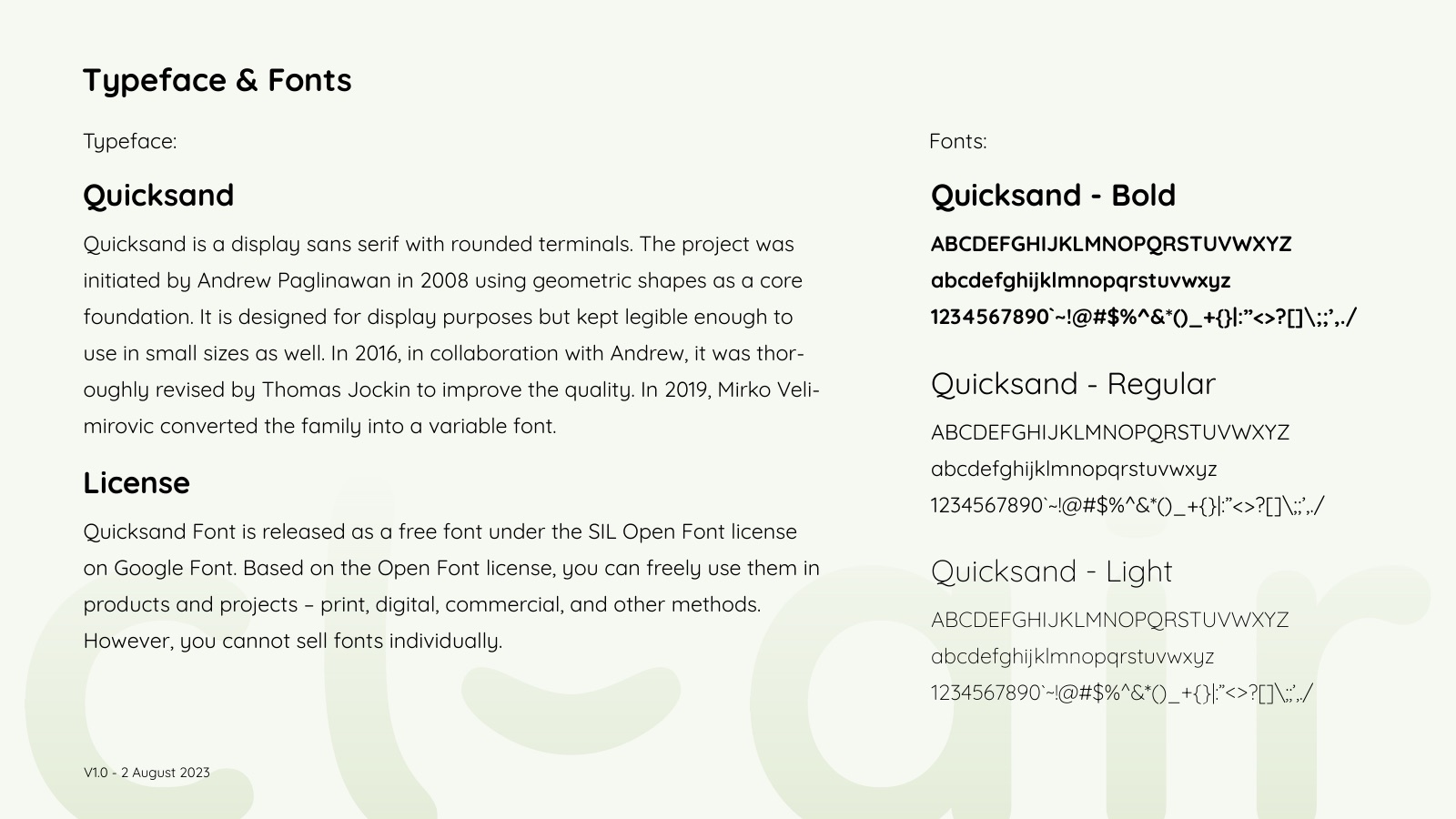 Playbook typeface page: Quicksand in bold, regular and light, with the open font licence explained