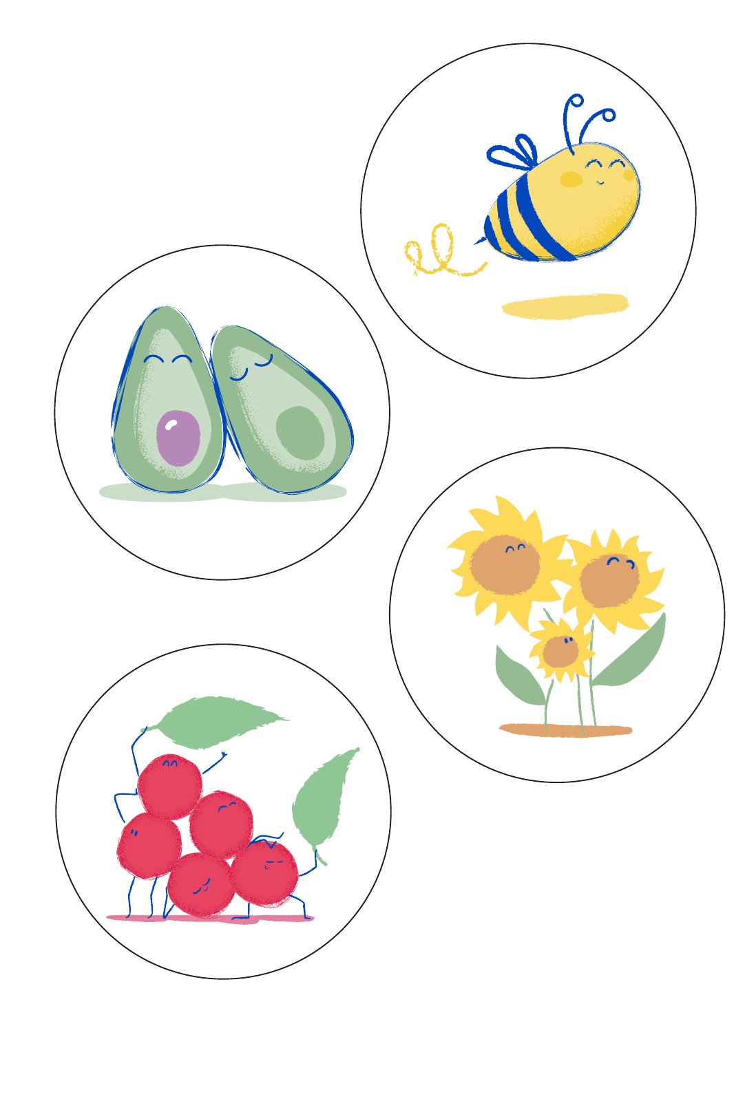 Sticker sheet with the avocado, bee, redcurrant and sunflower characters