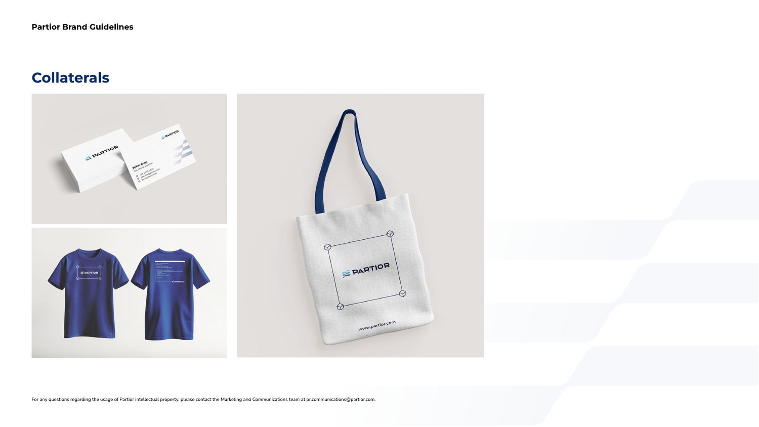 Collateral page showing namecards, T-shirts and a tote bag