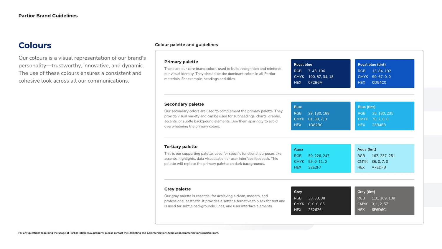 Colour page with primary, secondary, tertiary and grey palettes in RGB, CMYK and HEX
