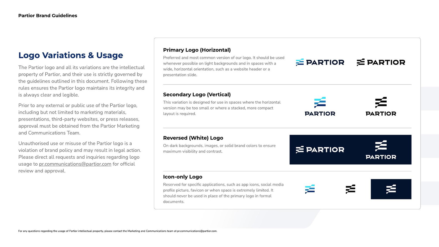 Logo variations page: primary horizontal, secondary vertical, reversed and icon-only marks