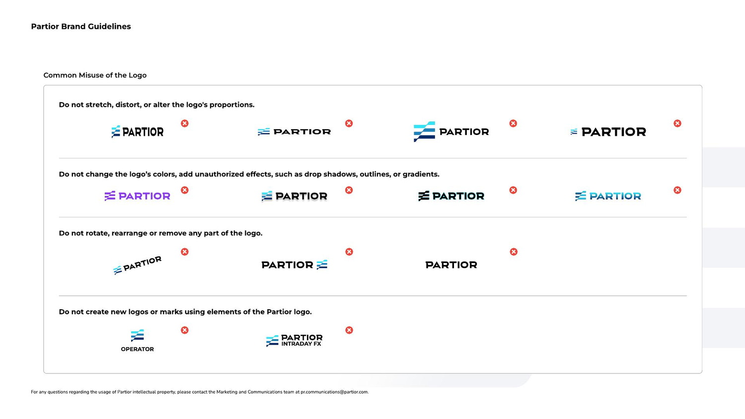Misuse page showing stretching, recolouring, rotation and unauthorised lockups
