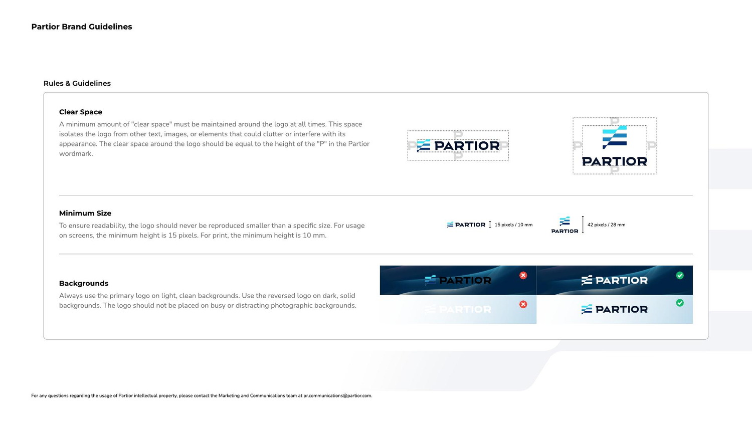 Rules page: clear space, minimum size and background rules for the logo