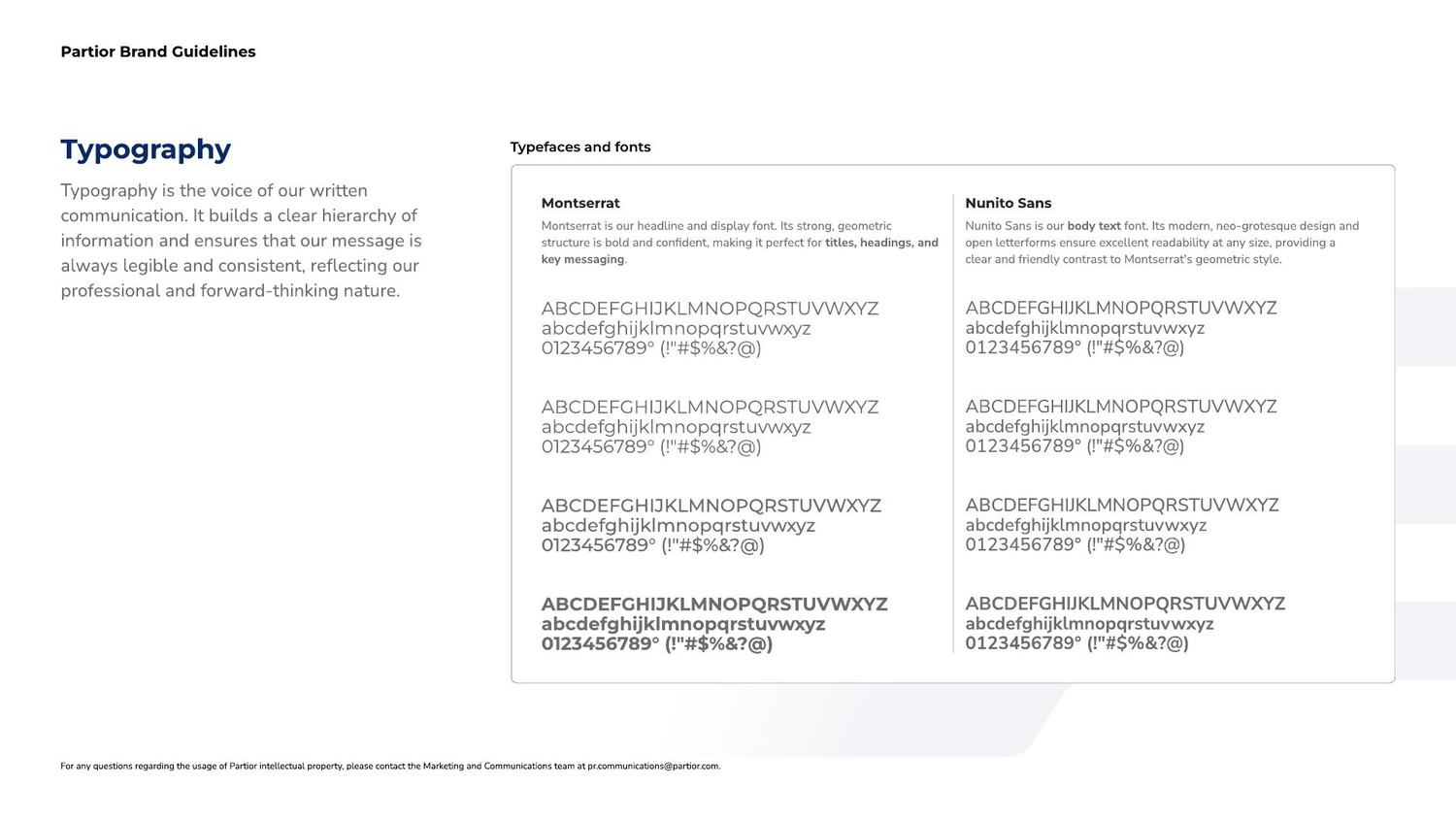 Typography page pairing Montserrat for headings with Nunito Sans for body copy