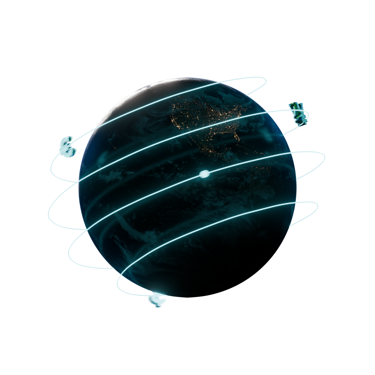 Dark globe at night with glowing orbit rings carrying dollar, euro, yen and pound symbols