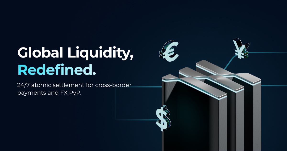 Partior website hero: Global Liquidity, Redefined, with a stack of dark ledger plates and currency symbols in orbit