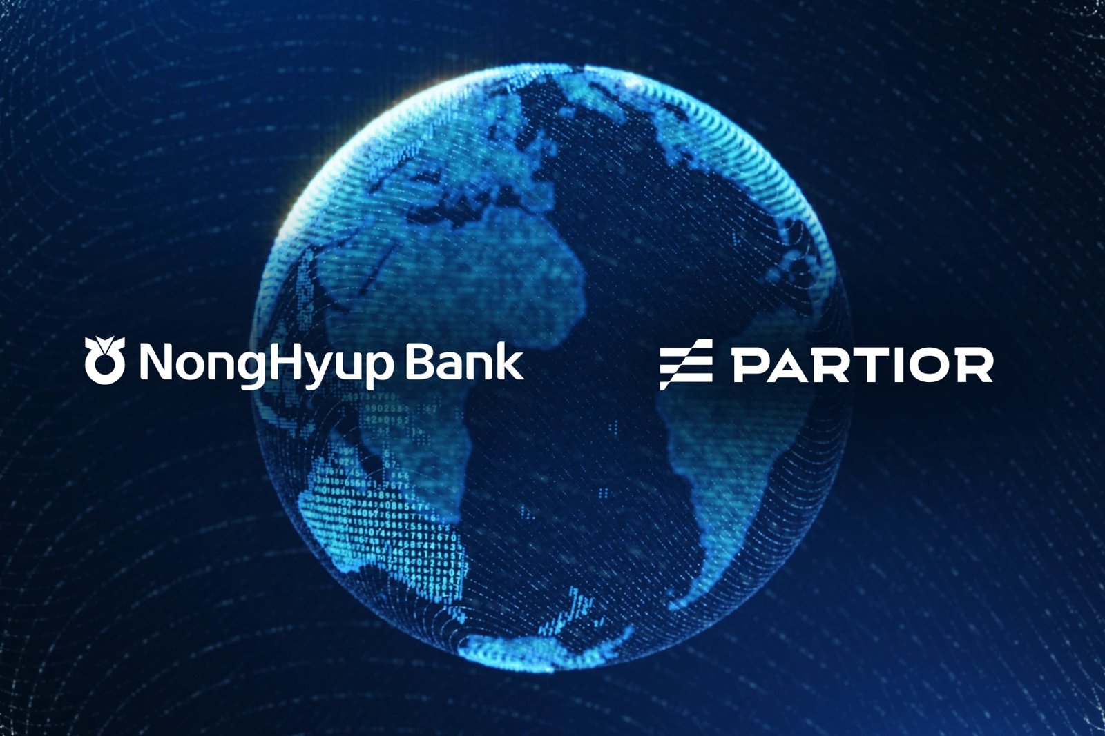 NongHyup Bank and Partior announcement visual with a wireframe globe