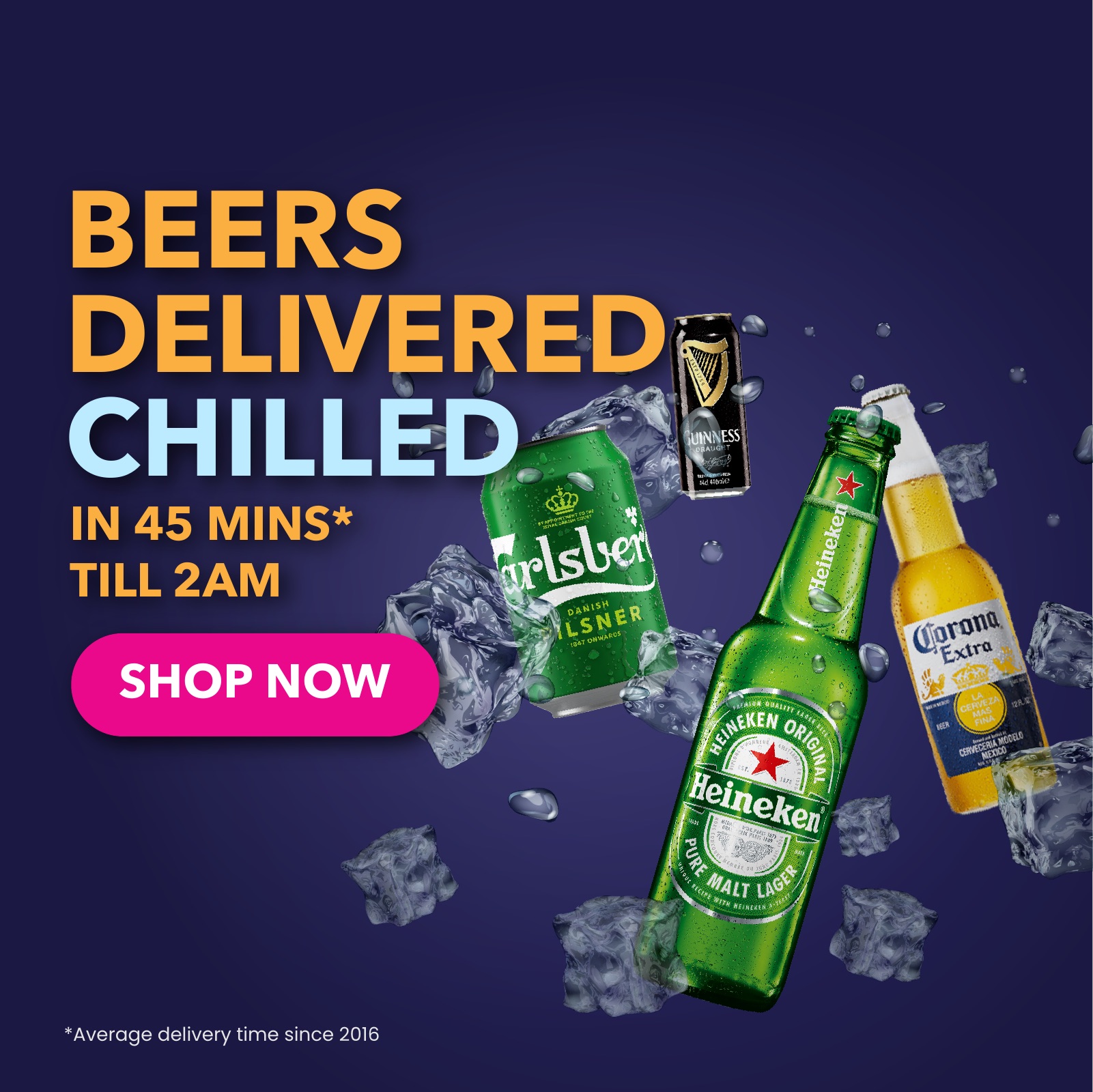 Square social ad: beers delivered chilled in 45 minutes till 2am, with Carlsberg, Guinness, Heineken and Corona in ice