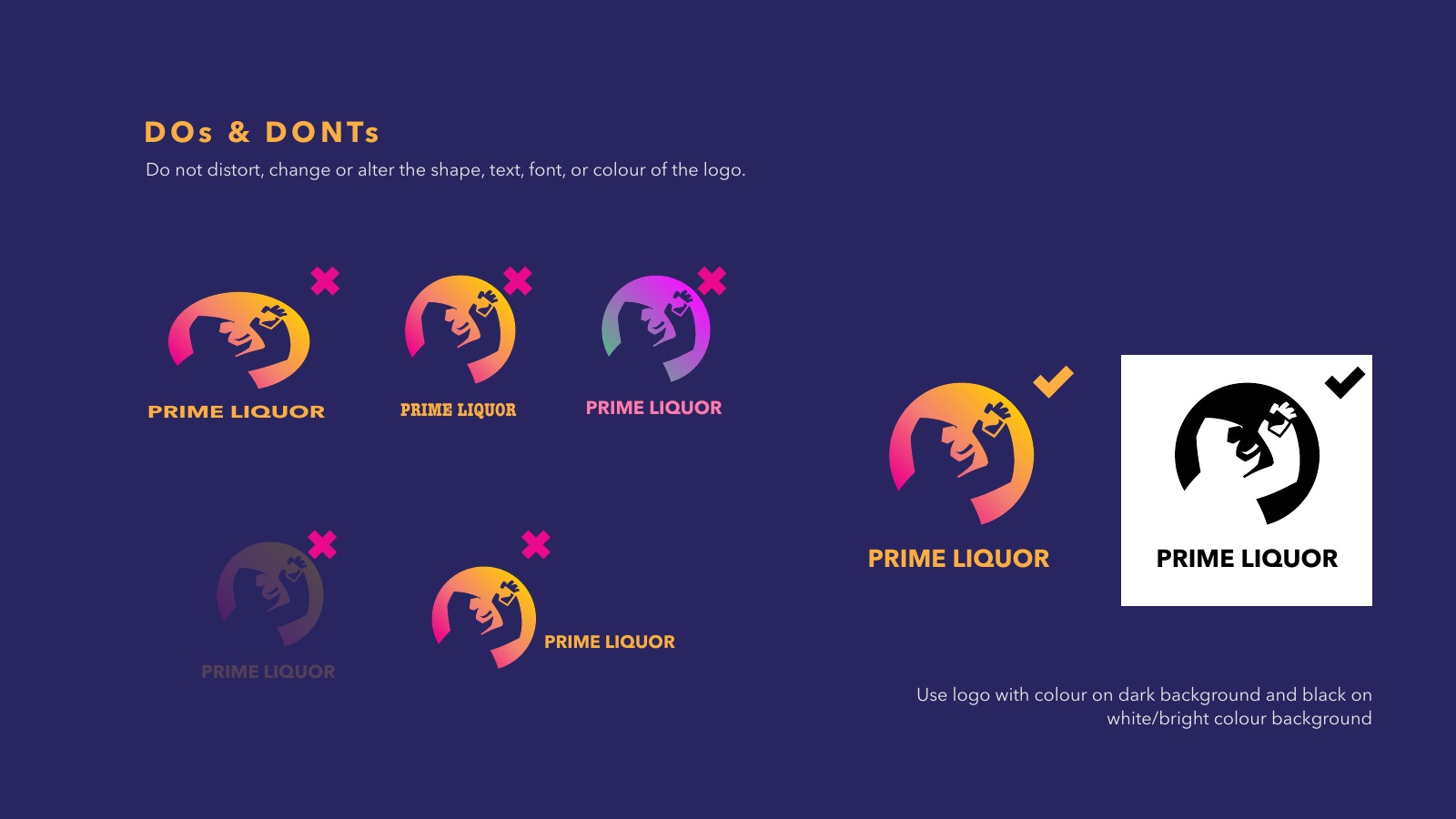 Brand book dos and don'ts page with six misuse examples and the two correct versions