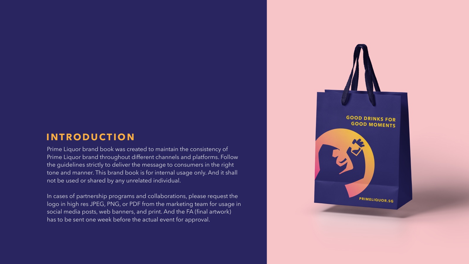 Brand book introduction page with a carrier bag mockup