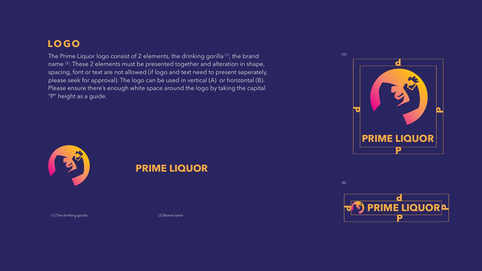 Brand book logo page: the gorilla and the wordmark, vertical and horizontal lockups with clear space marked