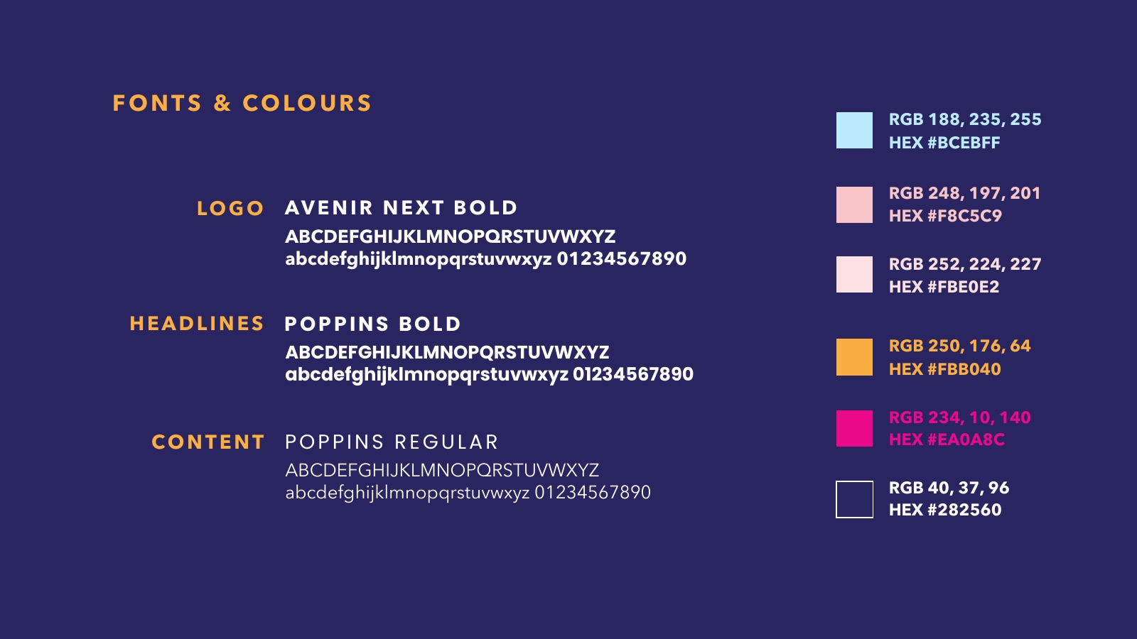 Brand book fonts and colours page: Avenir Next Bold, Poppins, six colours with RGB and HEX