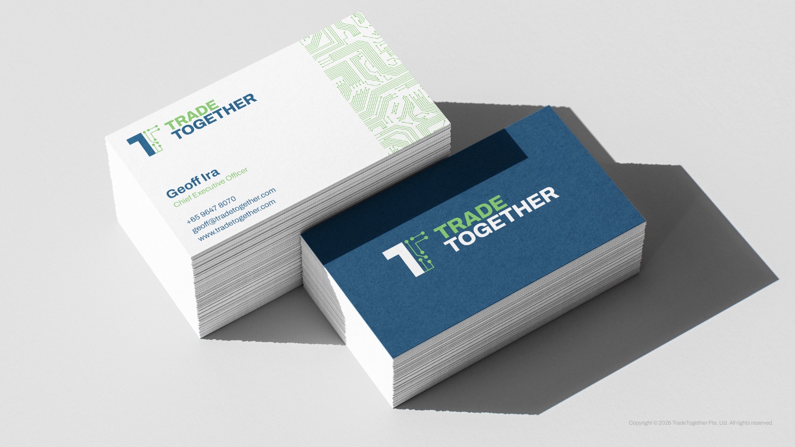 Namecard mockup, white front with circuit pattern and blue reverse