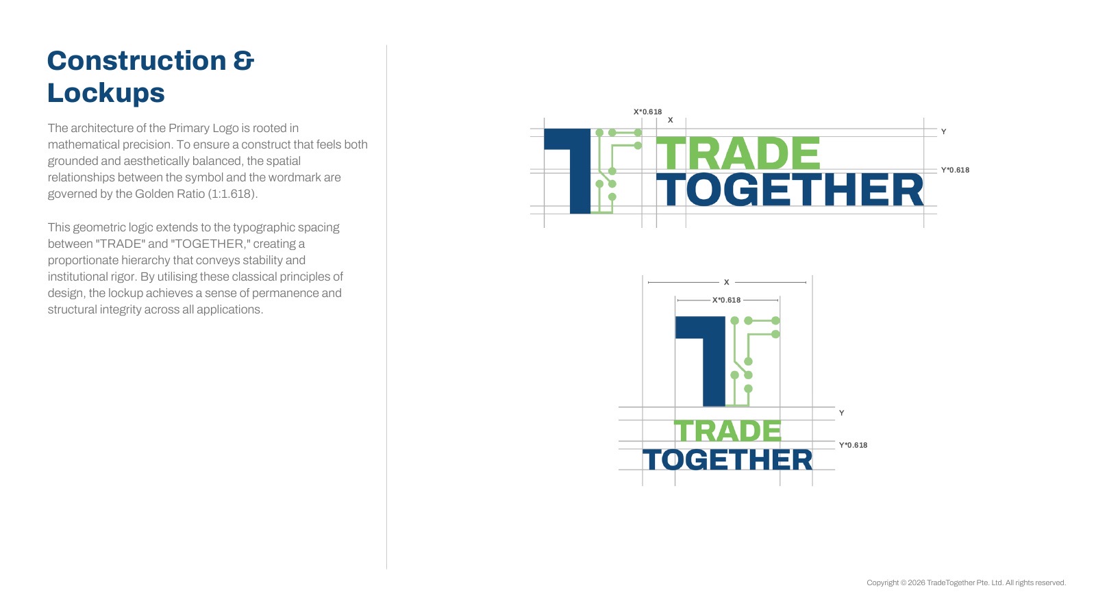 Logo construction page showing the golden-ratio relationships between symbol and wordmark