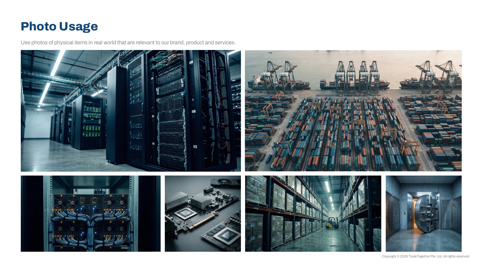 Photography direction: data centres, ports, GPU hardware, warehouses, a vault