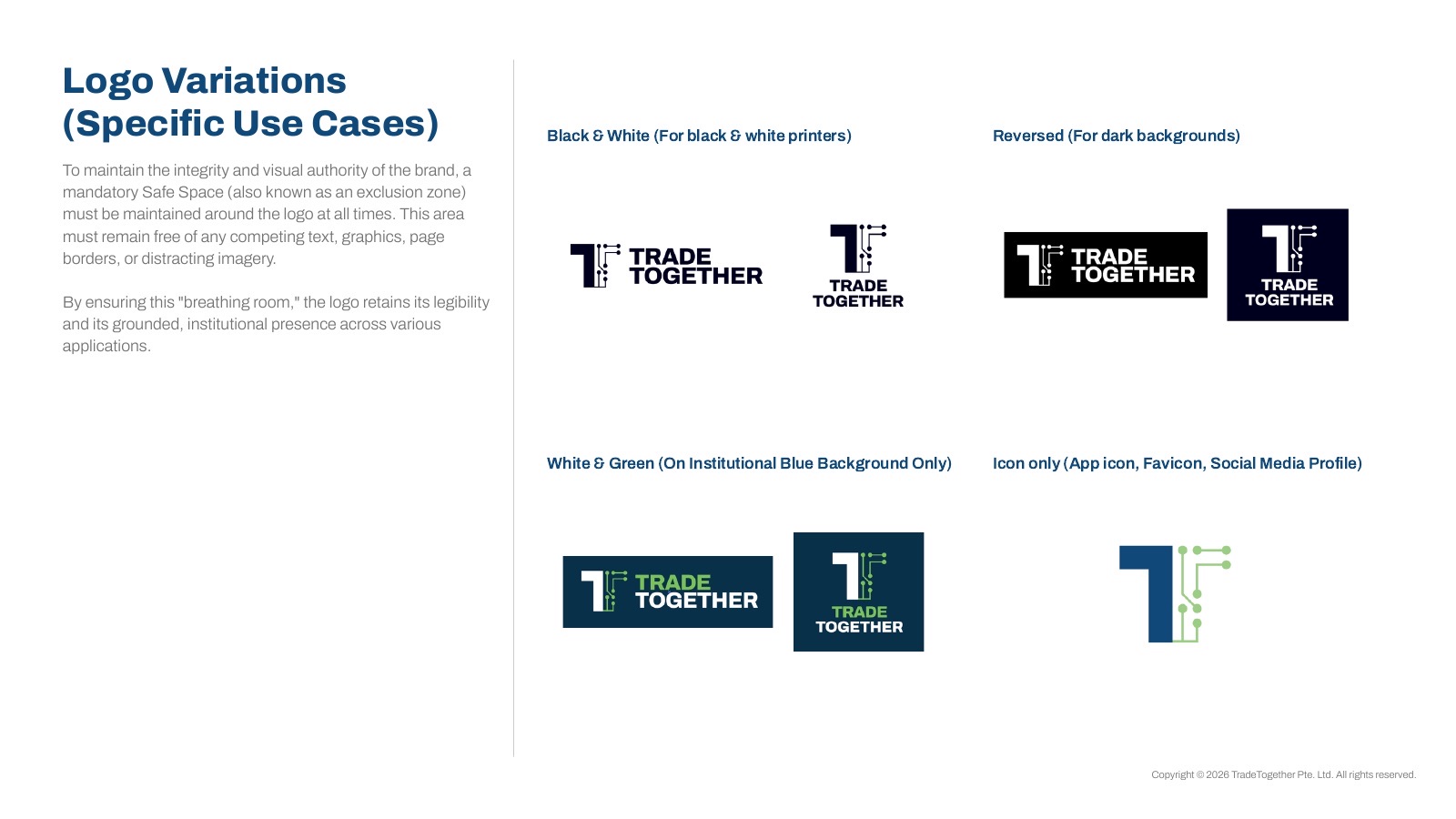 Logo variations: black and white, reversed, white and green on blue, icon only