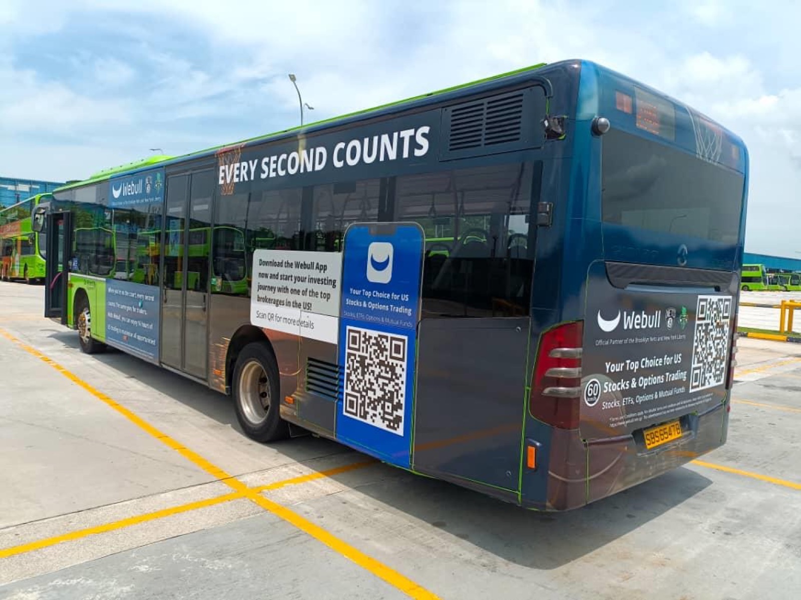 Webull full bus wrap with the Every Second Counts headline