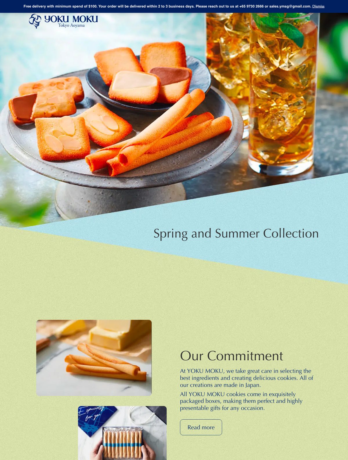 Spring and Summer catalogue on yokumoku.com.sg: hero, Our Commitment, and the products index