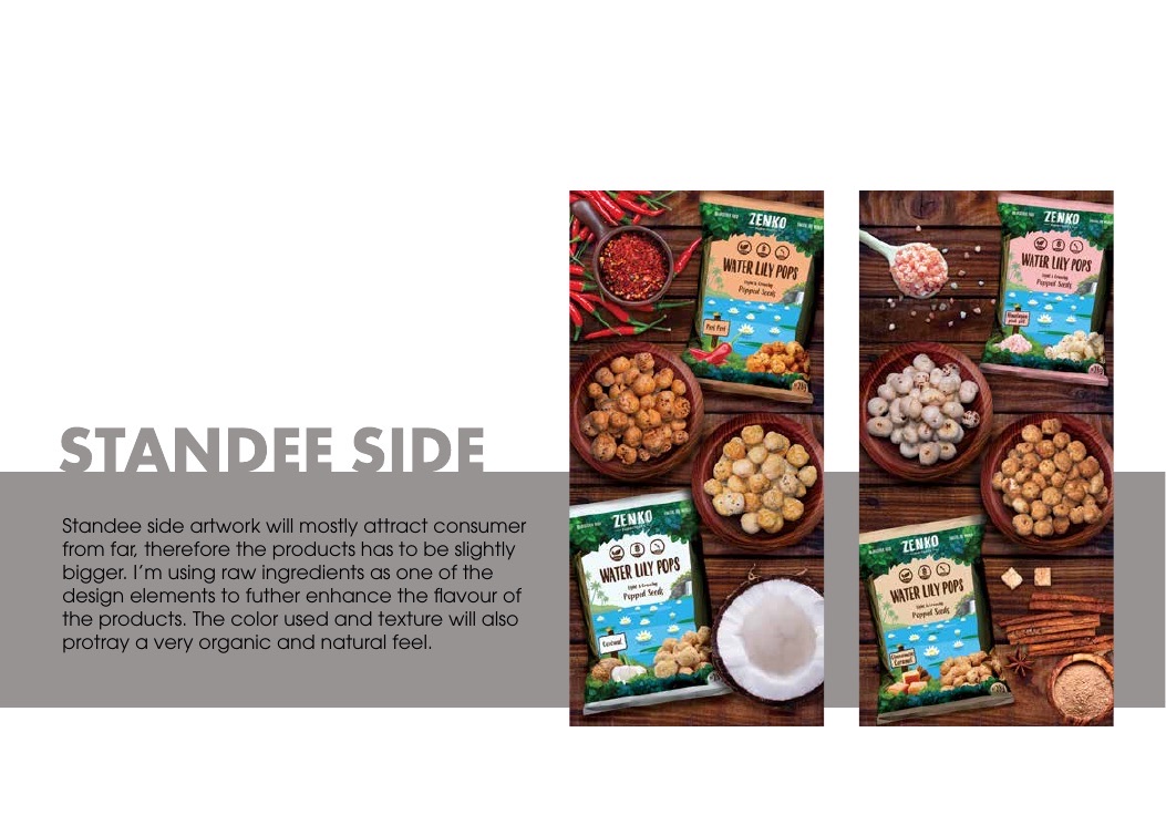 Standee side panels with the four flavour packs and their raw ingredients