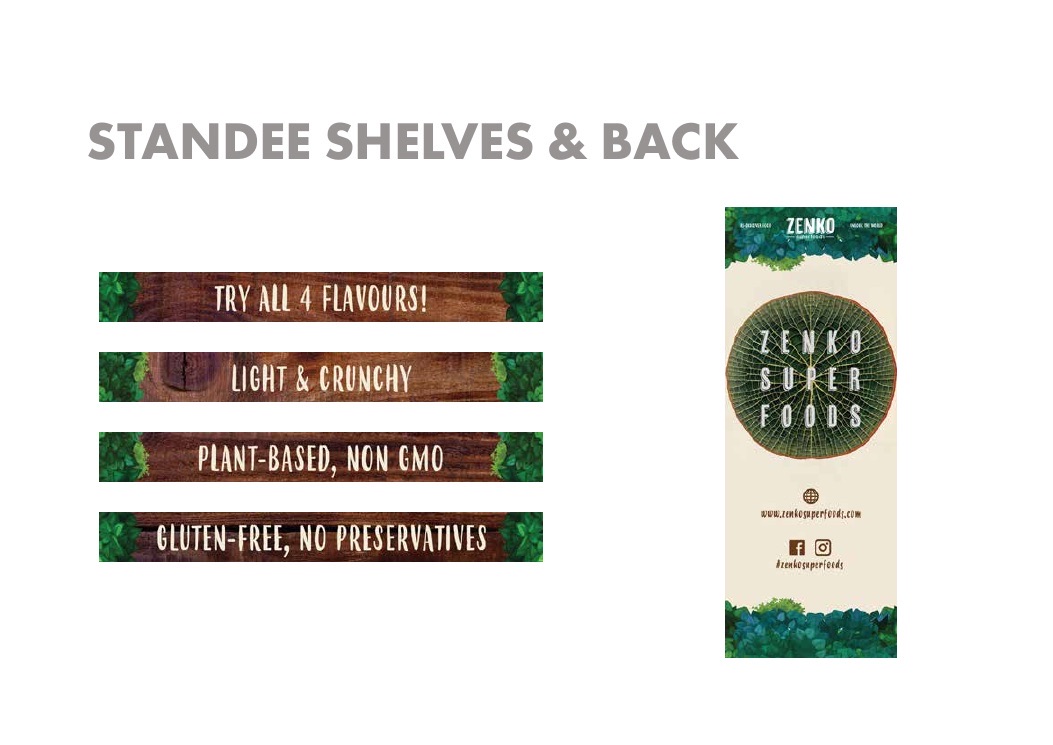 Shelf strips and the back panel of the standee